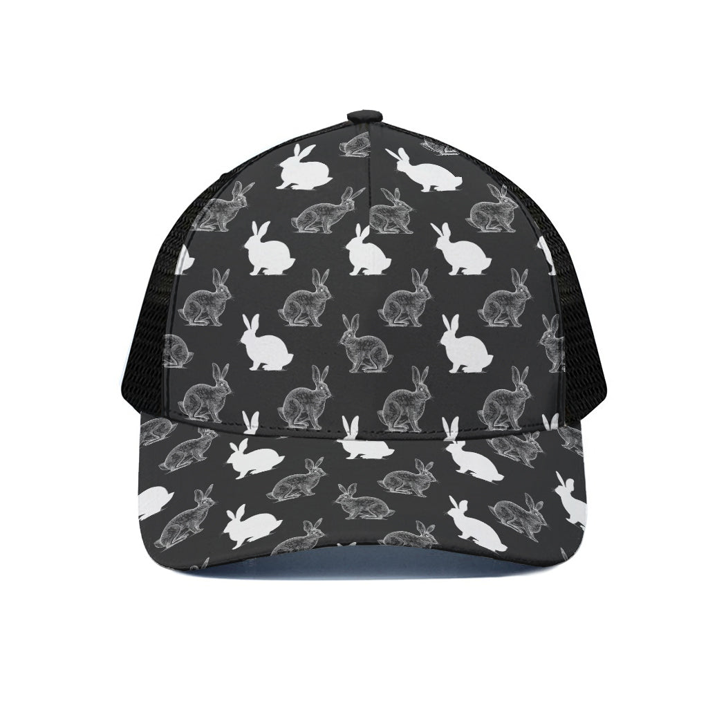 Black And White Rabbit Pattern Print Black Mesh Trucker Cap