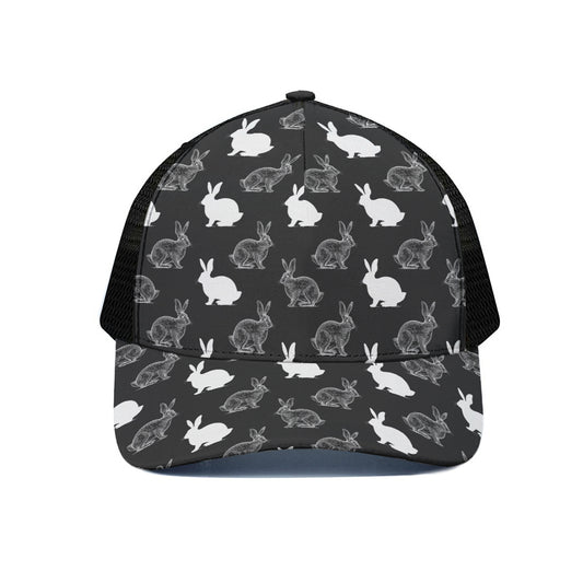 Black And White Rabbit Pattern Print Black Mesh Trucker Cap