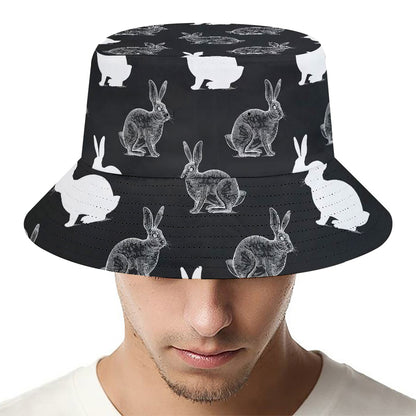 Black And White Rabbit Pattern Print Bucket Hat