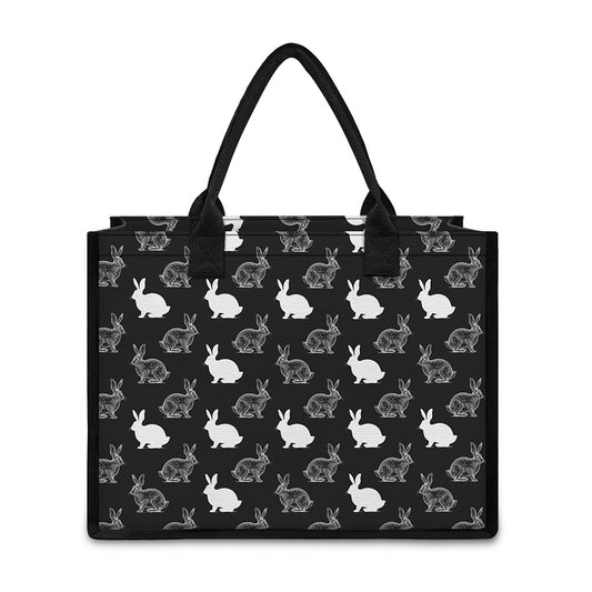 Black And White Rabbit Pattern Print Canvas Tote Bag
