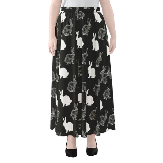 Black And White Rabbit Pattern Print Chiffon Maxi Skirt
