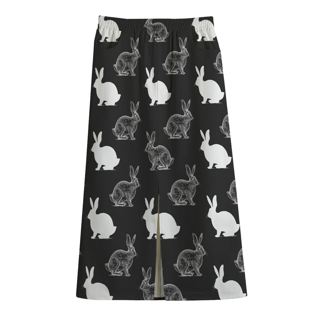 Black And White Rabbit Pattern Print Cotton Front Slit Maxi Skirt