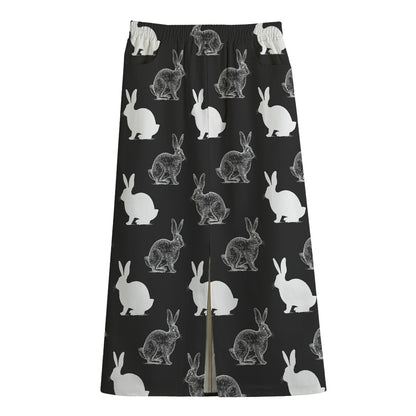 Black And White Rabbit Pattern Print Cotton Front Slit Maxi Skirt