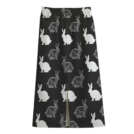 Black And White Rabbit Pattern Print Cotton Front Slit Maxi Skirt
