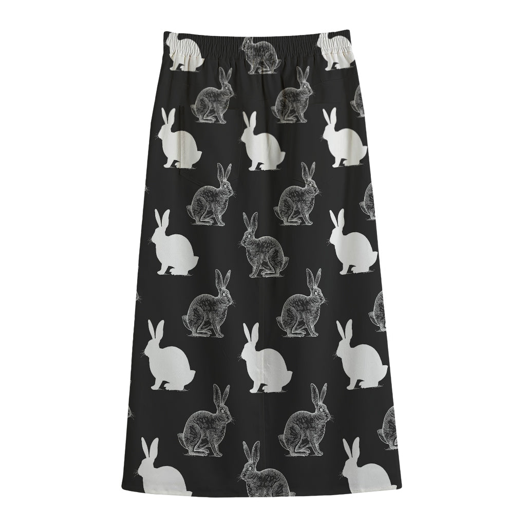 Black And White Rabbit Pattern Print Cotton Front Slit Maxi Skirt