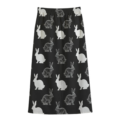 Black And White Rabbit Pattern Print Cotton Front Slit Maxi Skirt