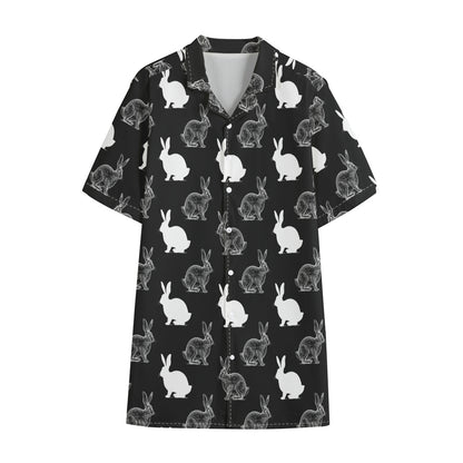 Black And White Rabbit Pattern Print Cotton Hawaiian Shirt