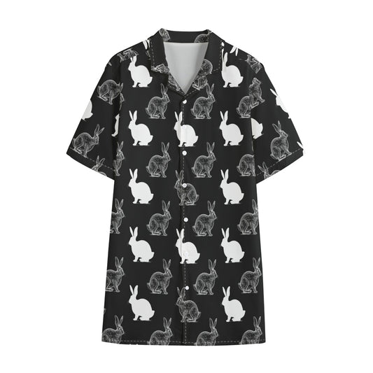Black And White Rabbit Pattern Print Cotton Hawaiian Shirt