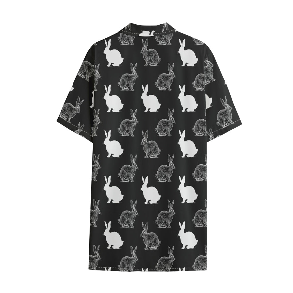 Black And White Rabbit Pattern Print Cotton Hawaiian Shirt