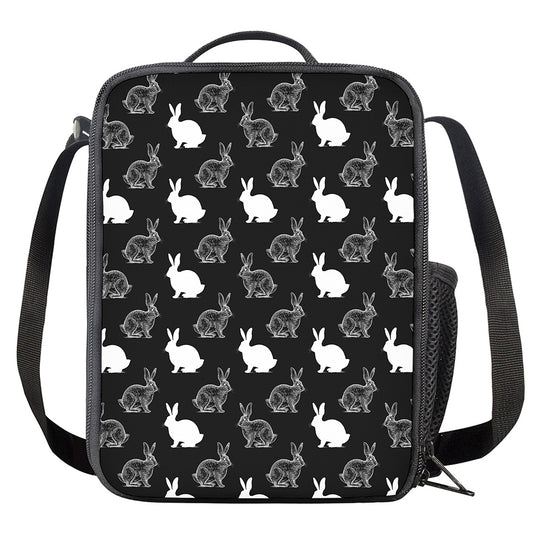 Black And White Rabbit Pattern Print Crossbody Lunch Bag