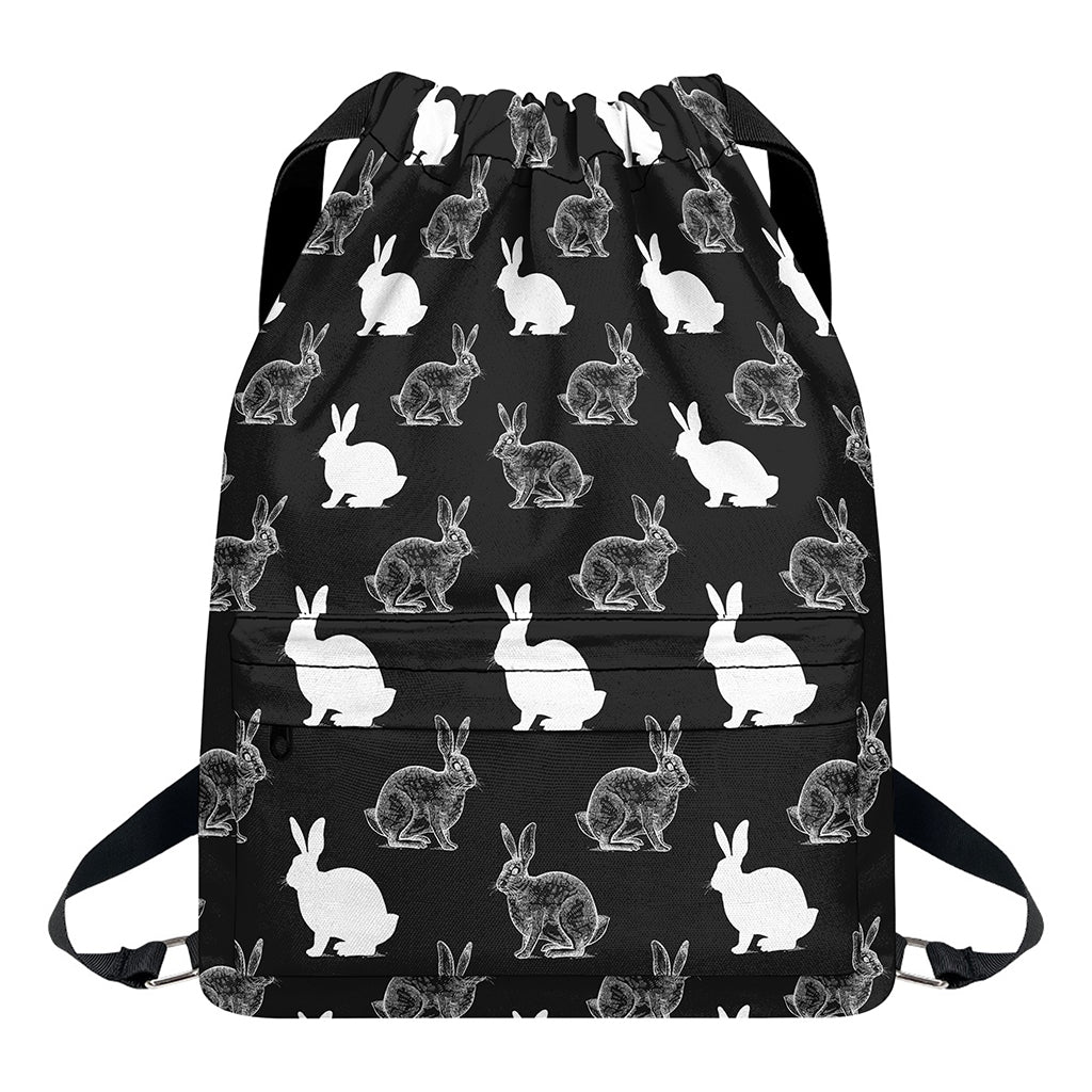 Black And White Rabbit Pattern Print Drawstring Backpack