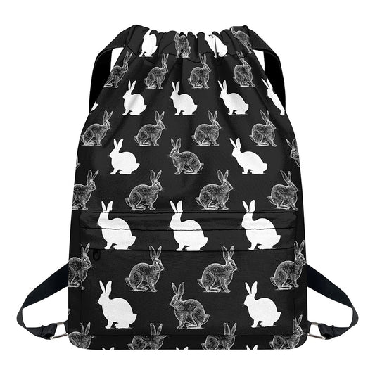 Black And White Rabbit Pattern Print Drawstring Backpack