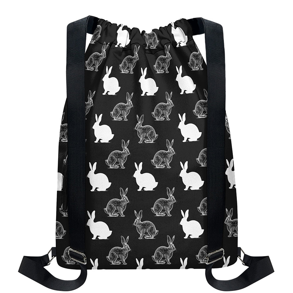 Black And White Rabbit Pattern Print Drawstring Backpack