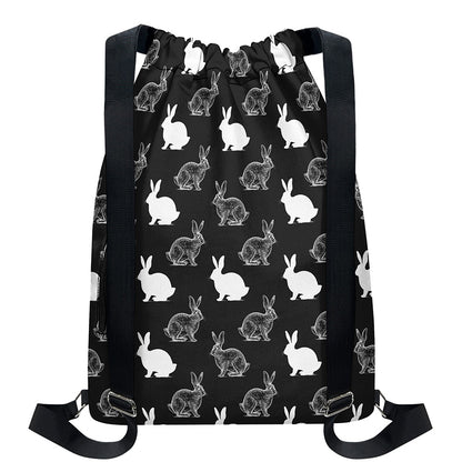 Black And White Rabbit Pattern Print Drawstring Backpack