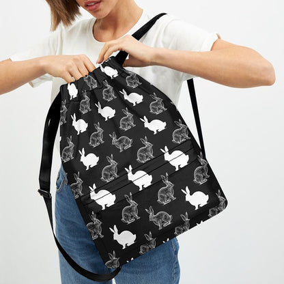 Black And White Rabbit Pattern Print Drawstring Backpack