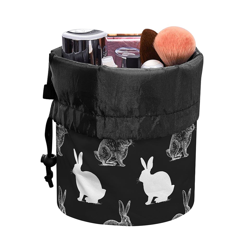 Black And White Rabbit Pattern Print Drawstring Makeup Bag