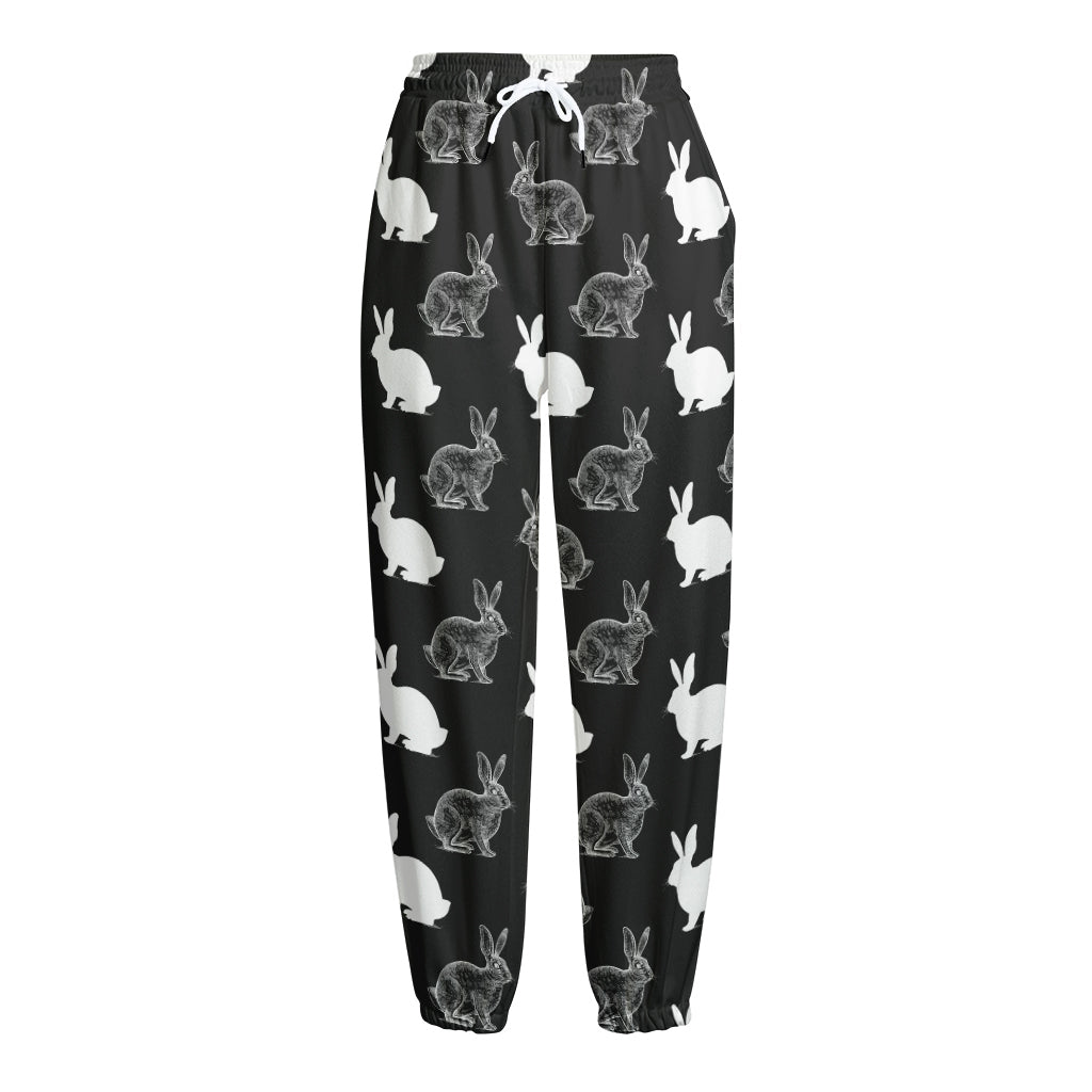 Black And White Rabbit Pattern Print Fleece Lined Knit Pants
