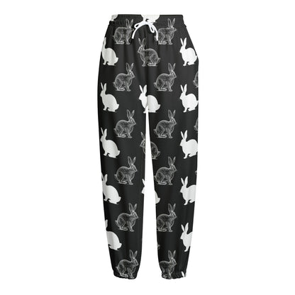 Black And White Rabbit Pattern Print Fleece Lined Knit Pants