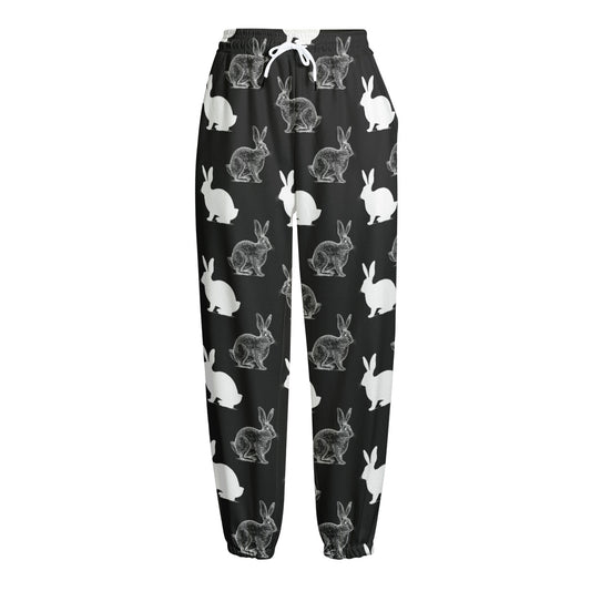 Black And White Rabbit Pattern Print Fleece Lined Knit Pants