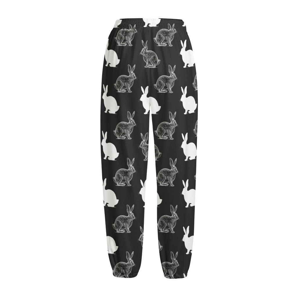 Black And White Rabbit Pattern Print Fleece Lined Knit Pants