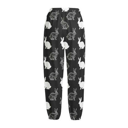 Black And White Rabbit Pattern Print Fleece Lined Knit Pants