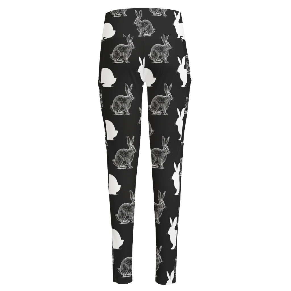 Black And White Rabbit Pattern Print High-Waisted Pocket Leggings