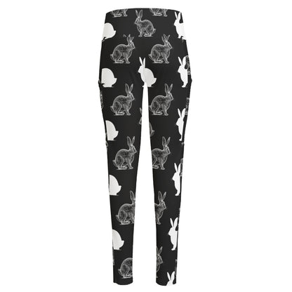 Black And White Rabbit Pattern Print High-Waisted Pocket Leggings