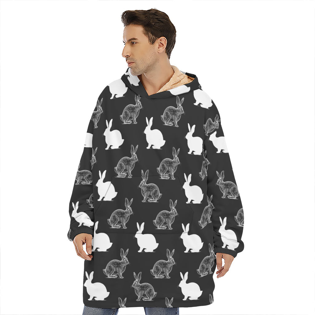 Black And White Rabbit Pattern Print Hoodie Blanket