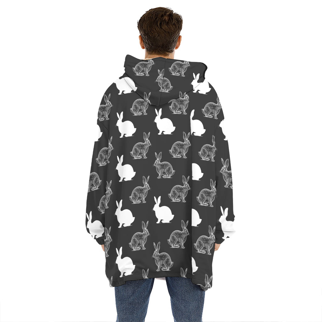 Black And White Rabbit Pattern Print Hoodie Blanket