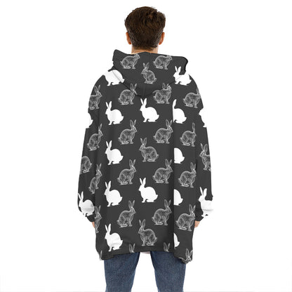 Black And White Rabbit Pattern Print Hoodie Blanket