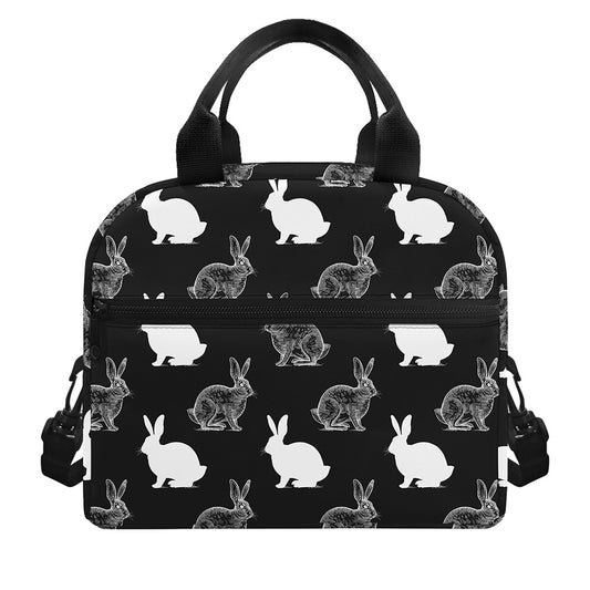 Black And White Rabbit Pattern Print Insulated Lunch Bag