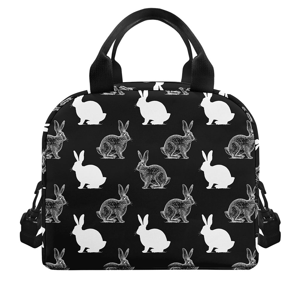 Black And White Rabbit Pattern Print Insulated Lunch Bag