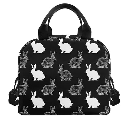 Black And White Rabbit Pattern Print Insulated Lunch Bag