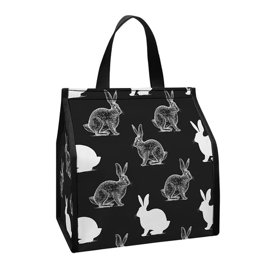 Black And White Rabbit Pattern Print Insulated Lunch Tote