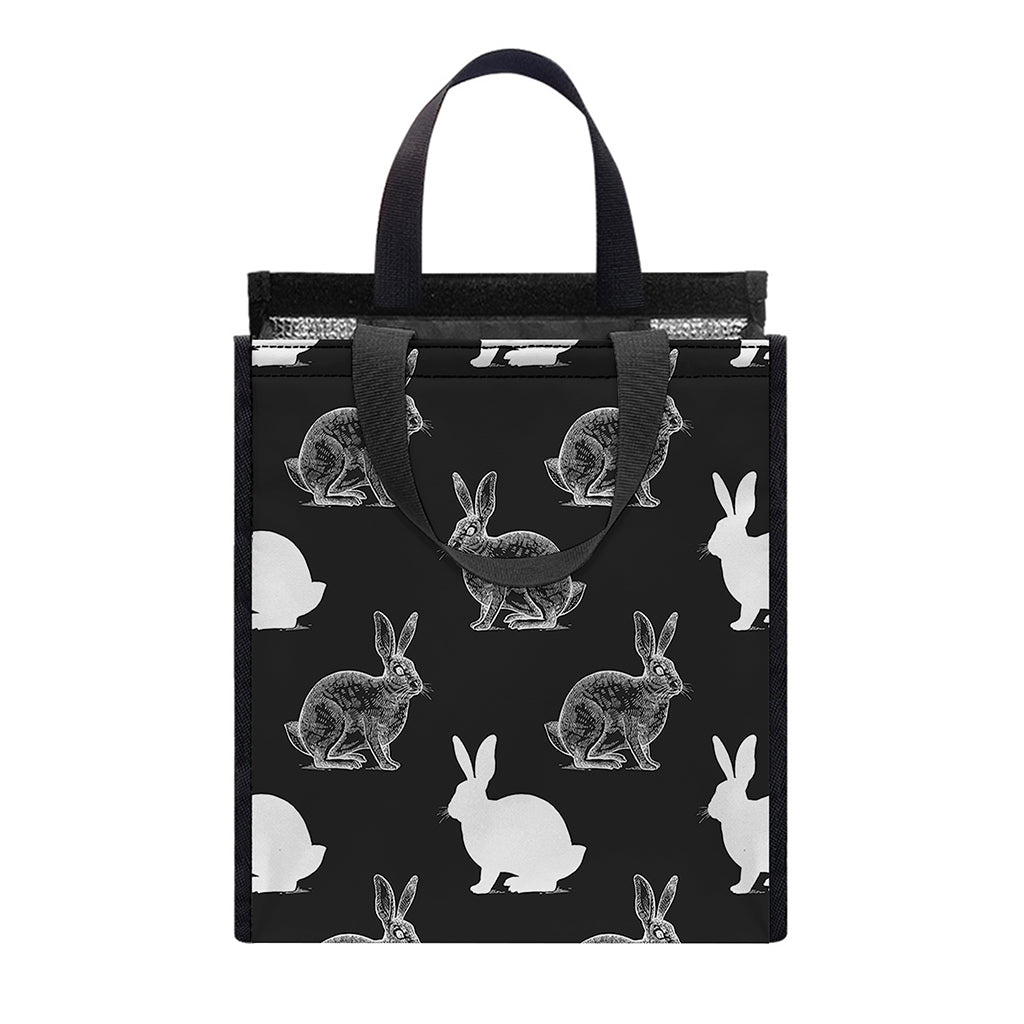 Black And White Rabbit Pattern Print Insulated Lunch Tote