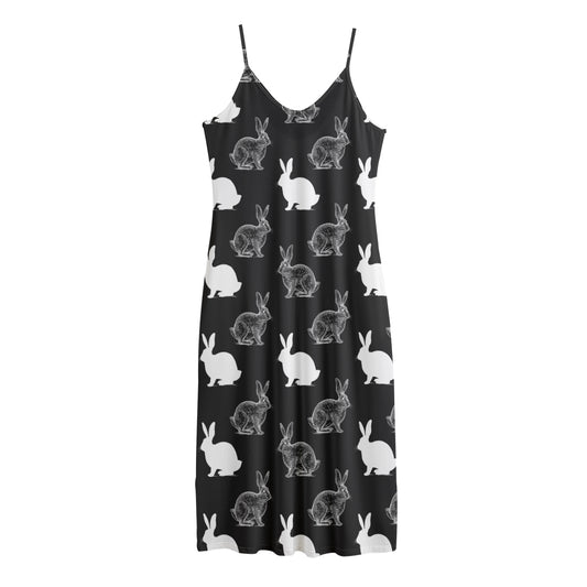 Black And White Rabbit Pattern Print Jersey Midi Cami Dress