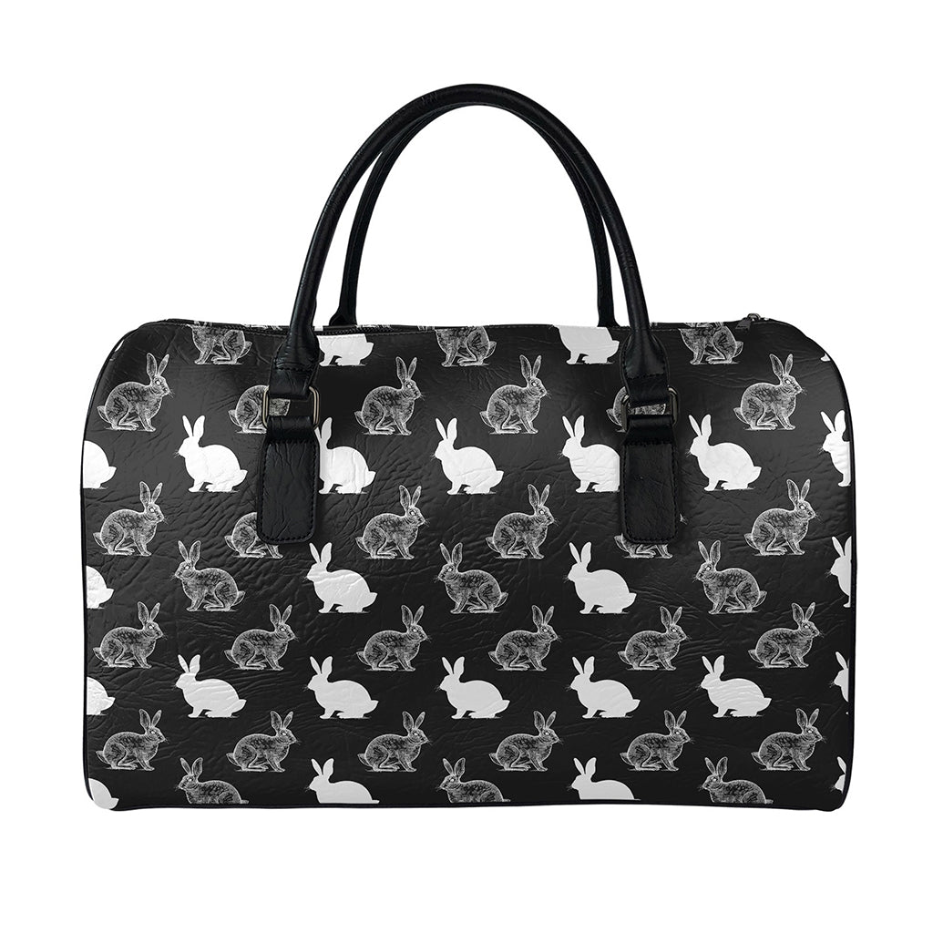 Black And White Rabbit Pattern Print Leather Duffle Bag