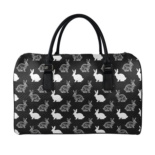 Black And White Rabbit Pattern Print Leather Duffle Bag