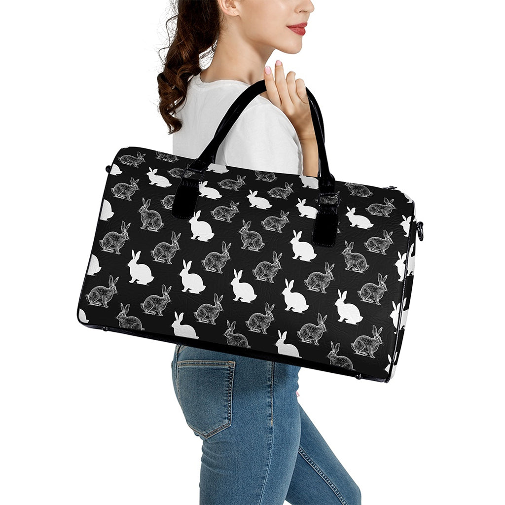 Black And White Rabbit Pattern Print Leather Duffle Bag
