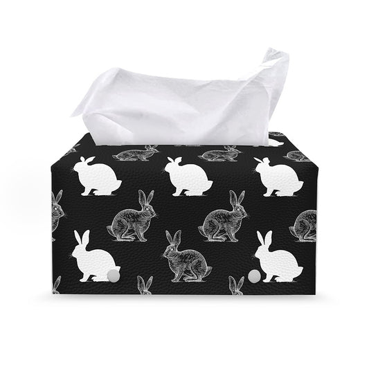 Black And White Rabbit Pattern Print Leather Tissue Box Cover