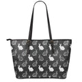 Black And White Rabbit Pattern Print Leather Tote Bag With Zipper
