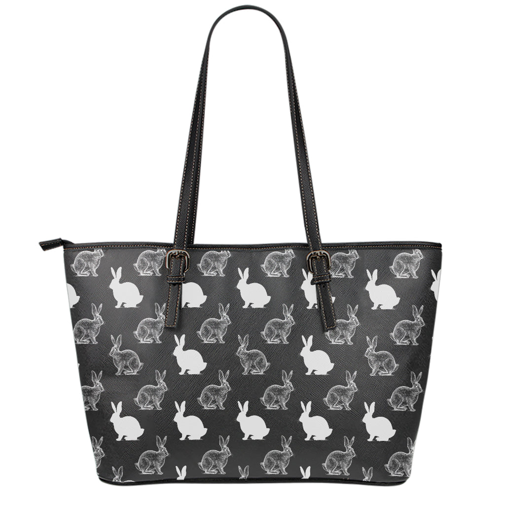 Black And White Rabbit Pattern Print Leather Tote Bag