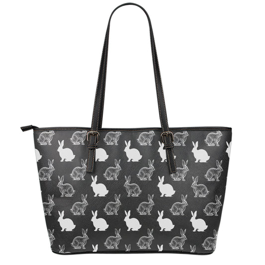 Black And White Rabbit Pattern Print Leather Tote Bag