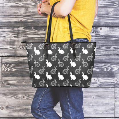 Black And White Rabbit Pattern Print Leather Tote Bag