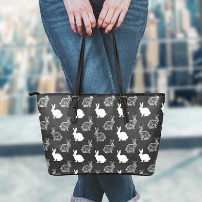 Black And White Rabbit Pattern Print Leather Tote Bag