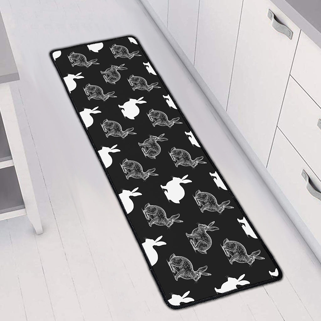 Black And White Rabbit Pattern Print Long Kitchen Mat