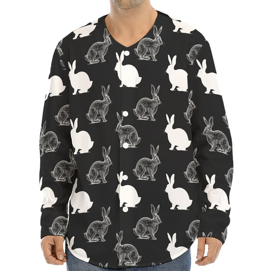 Black And White Rabbit Pattern Print Long Sleeve Baseball Jersey