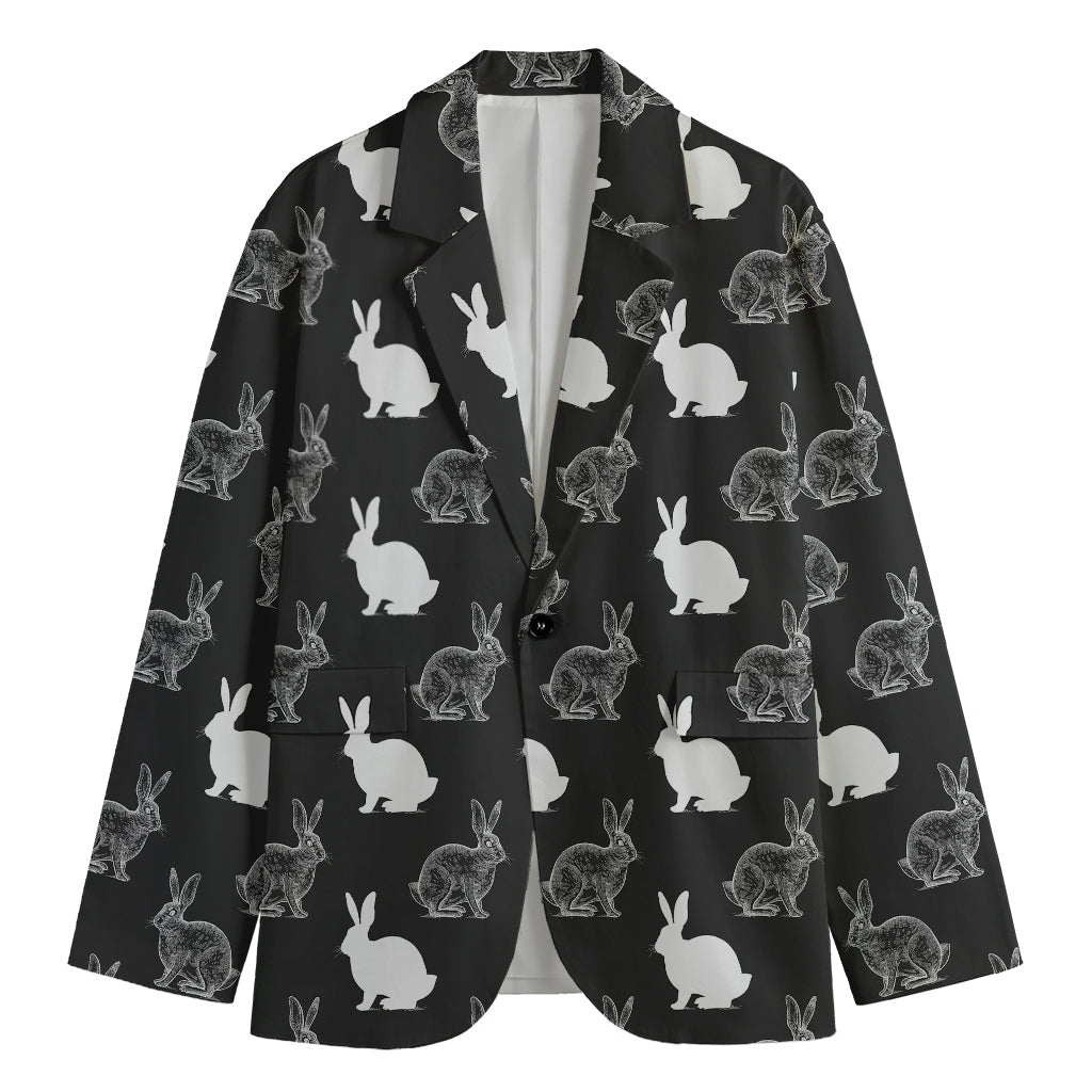 Black And White Rabbit Pattern Print Men's Cotton Blazer
