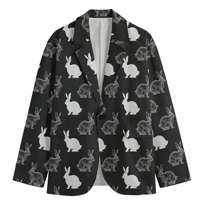 Black And White Rabbit Pattern Print Men's Cotton Blazer