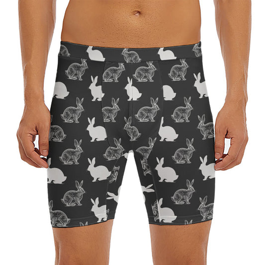 Black And White Rabbit Pattern Print Men's Long Boxer Briefs
